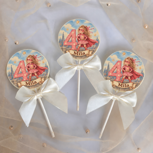 Personalised Superhero Girl Themed Birthday Party Favours Printed on to the Chocolate