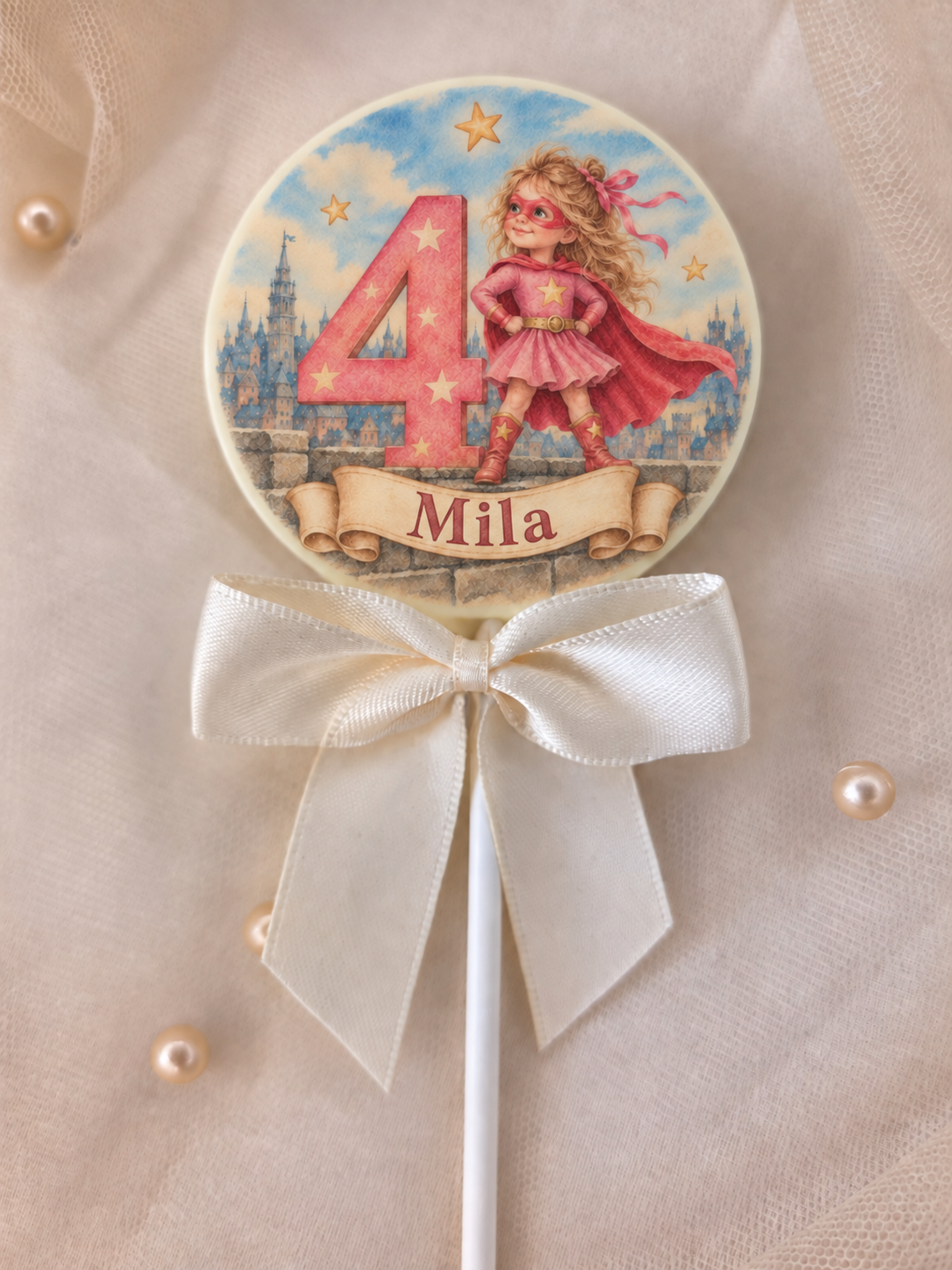 Personalised Superhero Girl Themed Birthday Party Favours Printed on to the Chocolate