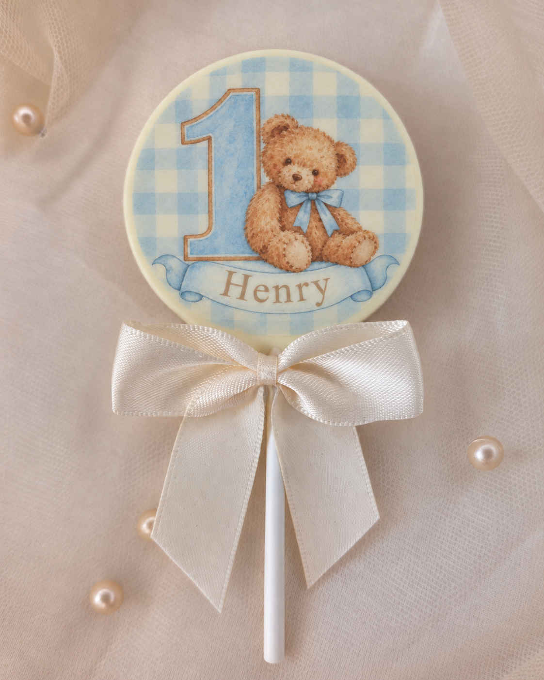 Personalised 1st Birthday Favours with Blue Teddy Bear Name and Age Printed Chocolate