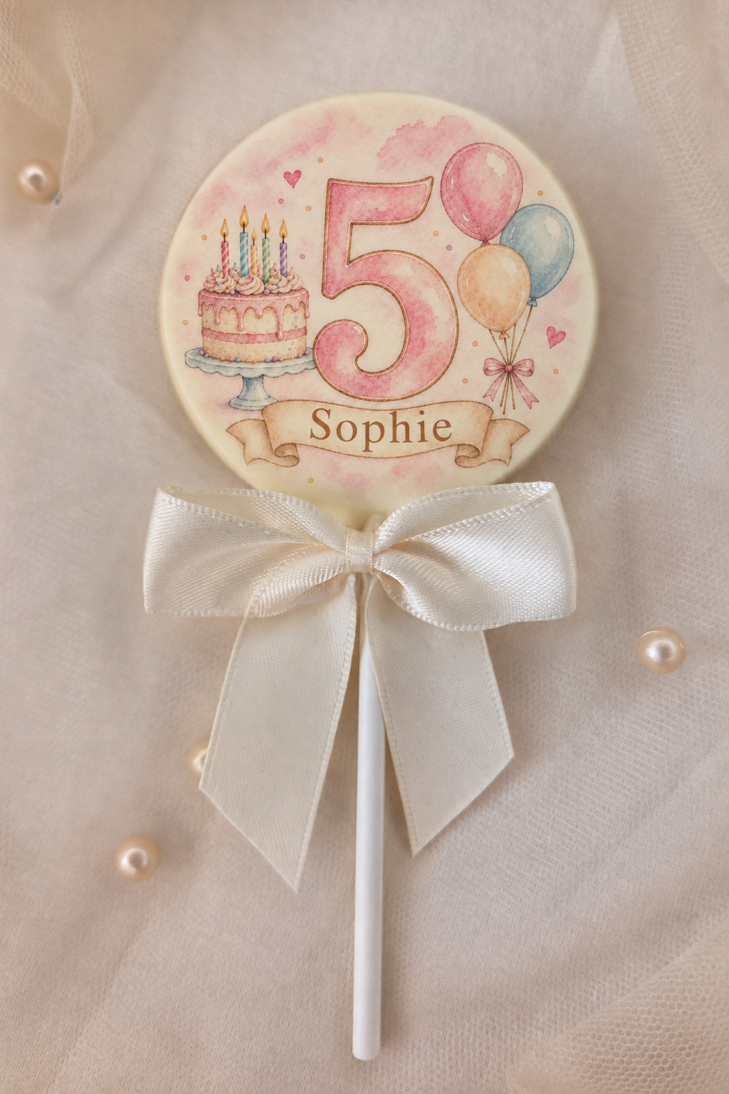 Personalised Cake and Balloons Name and Age Birthday Favours Printed Directly On To White Chocolate