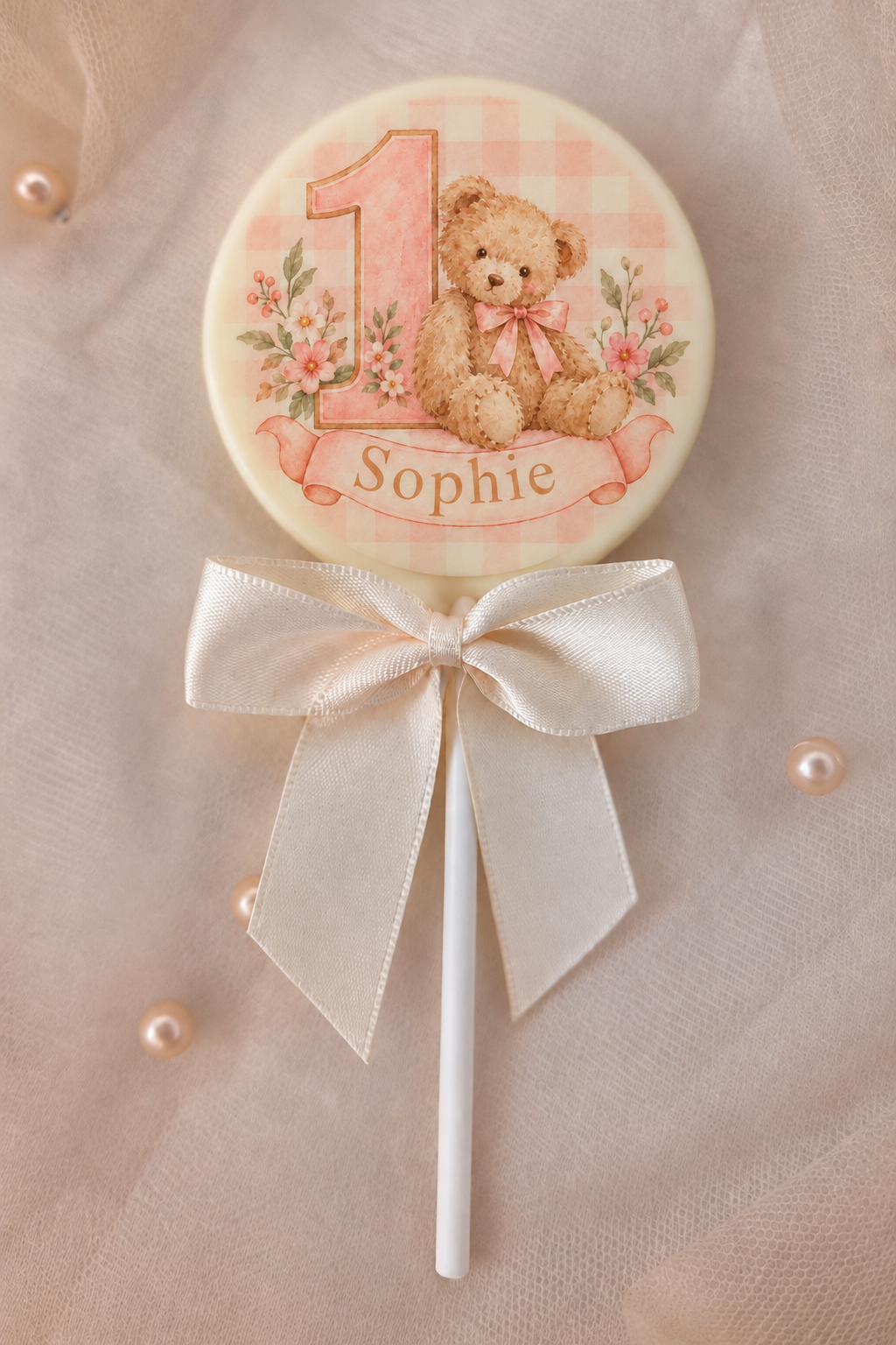 Personalised 1st Birthday Favours with Pink Teddy Bear Name and Age Printed Chocolate
