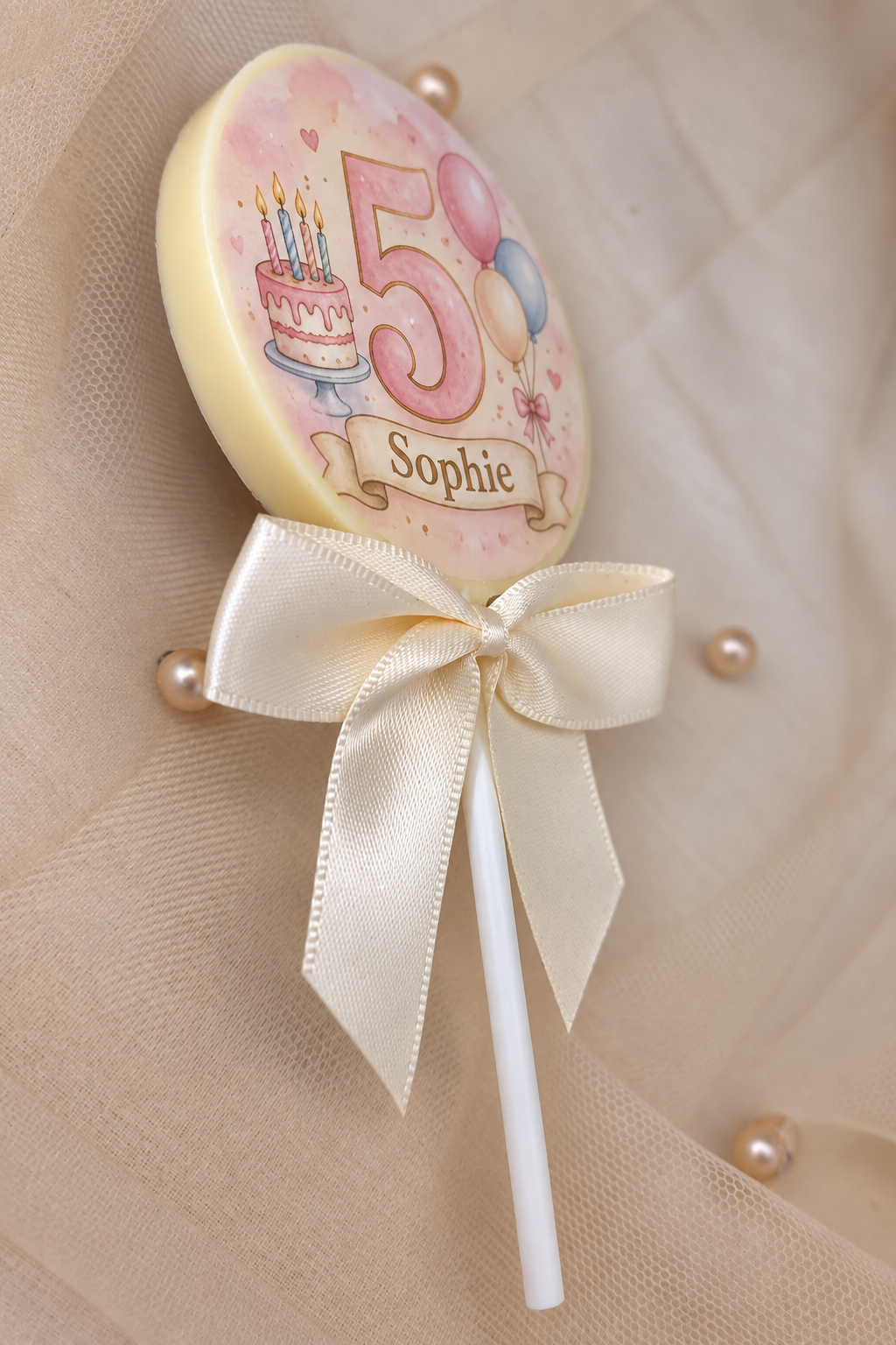 Personalised Cake and Balloons Name and Age Birthday Favours Printed Directly On To White Chocolate