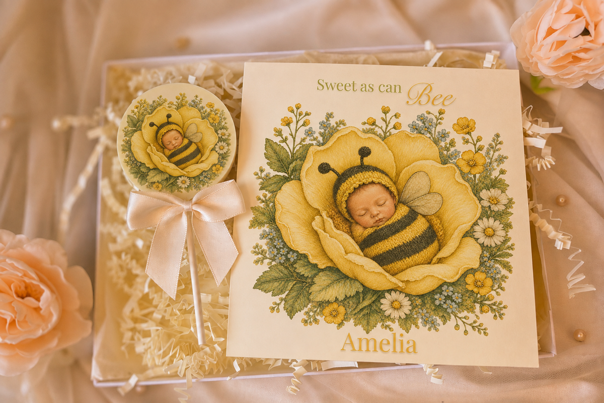 Personalised Sweet as can Bee New Baby Card and Chocolate Gift Box