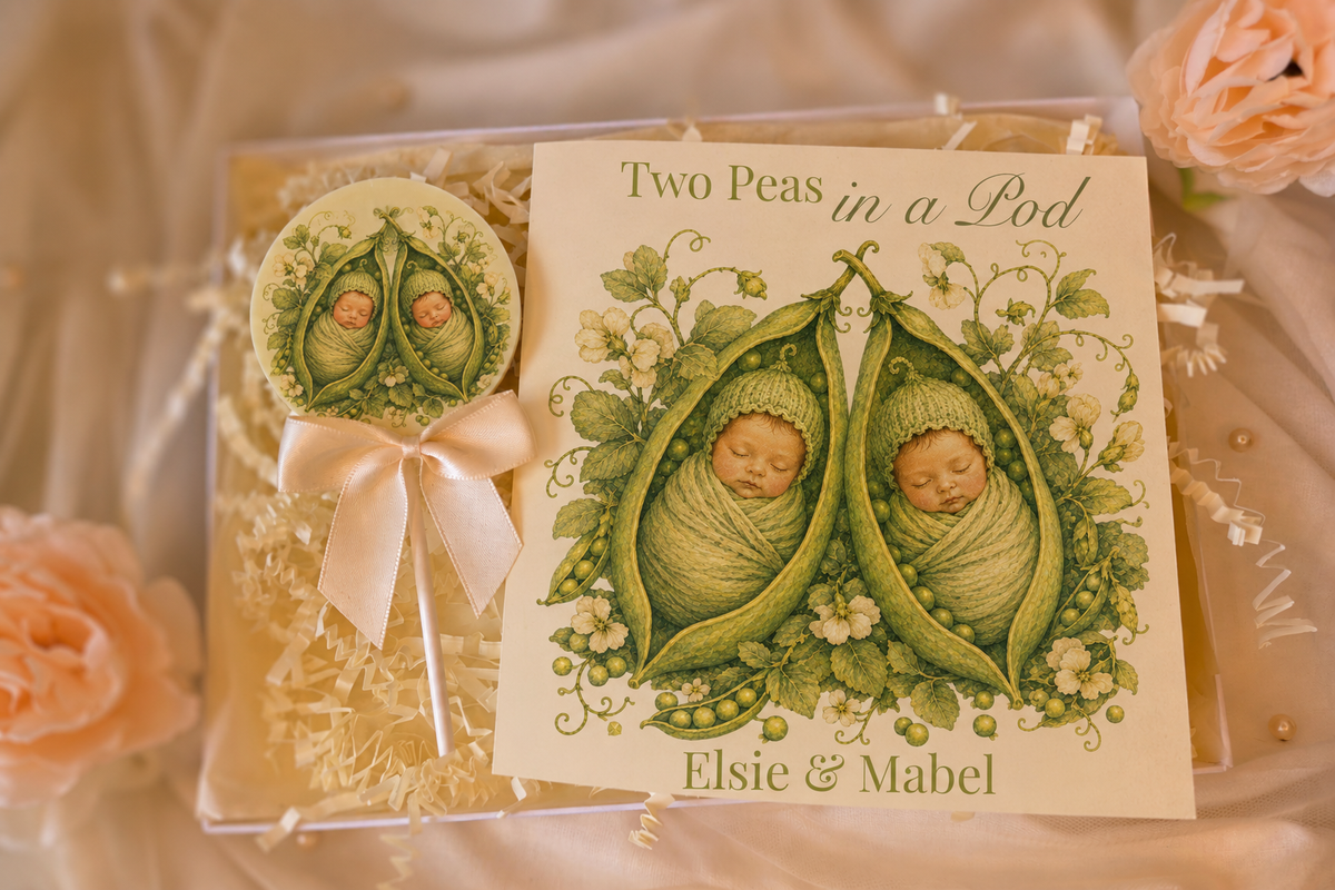 Personalised Two Peas in a Pod New Baby Twins Card and Chocolate Gift Box