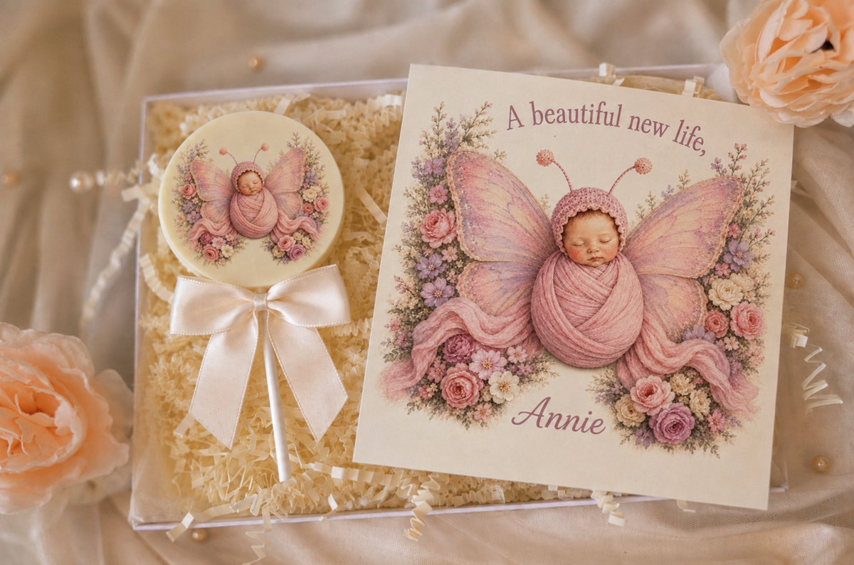 Personalised Butterfly New Baby Card and Chocolate Gift Box