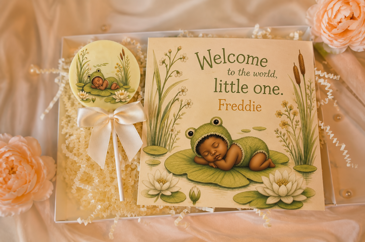 Personalised The Little Lily Pad New Baby Card and Chocolate Gift Box